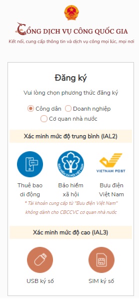 Đăng ký tài khoản công dân trên Cổng dịch vụ công quốc gia